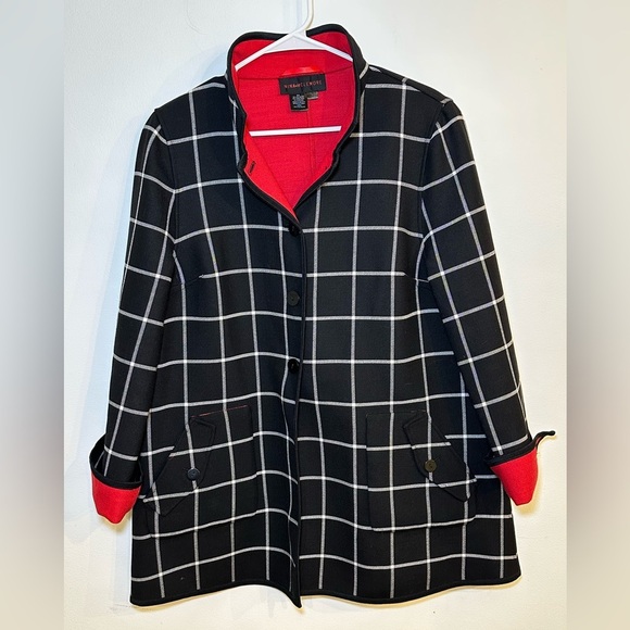 Nina Mclemore Reversible Tattersall Wool Shirt Jacket Black White Red Size Large - Picture 1 of 8